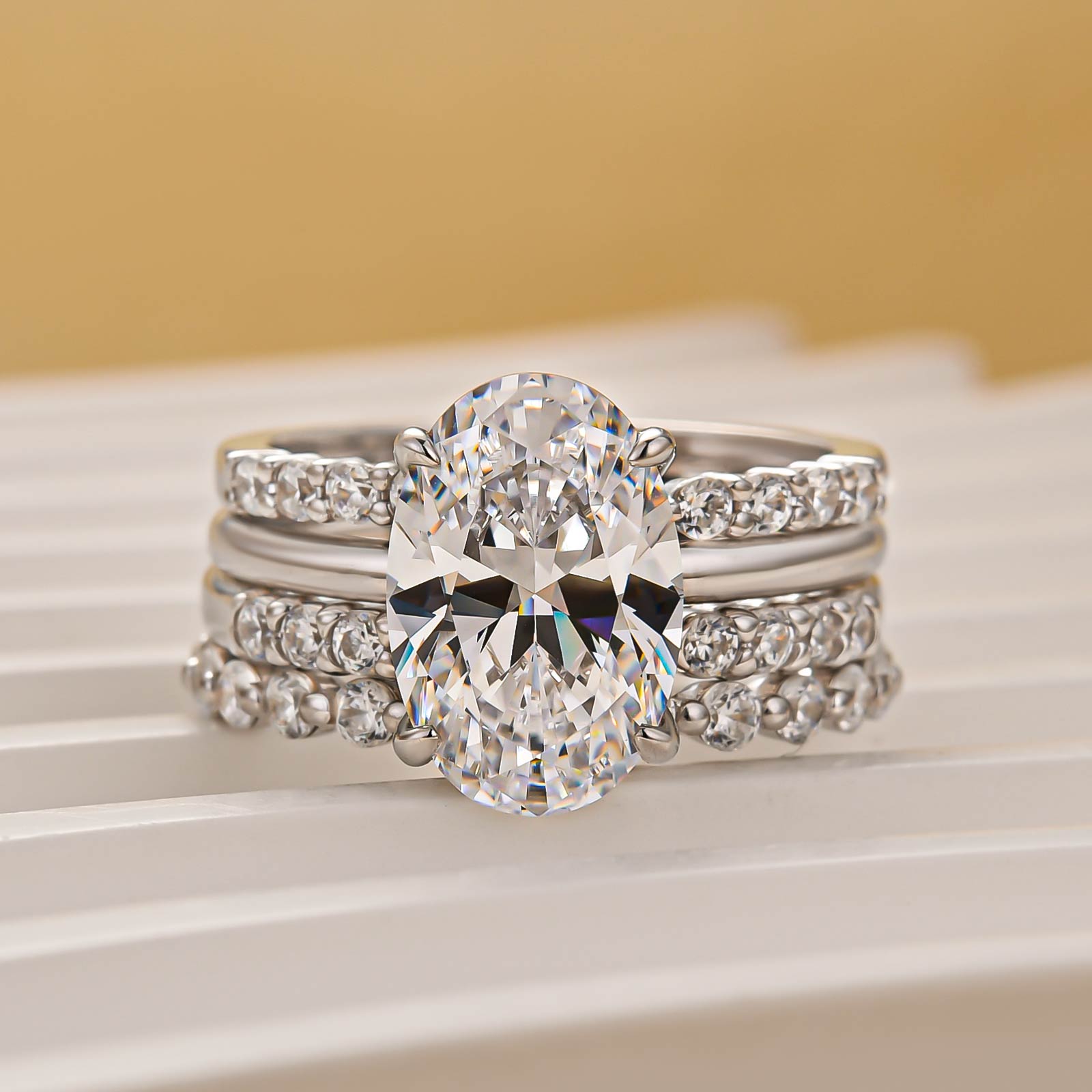 Louily 4PC Oval Cut Wedding Ring Set With Open Wedding Band