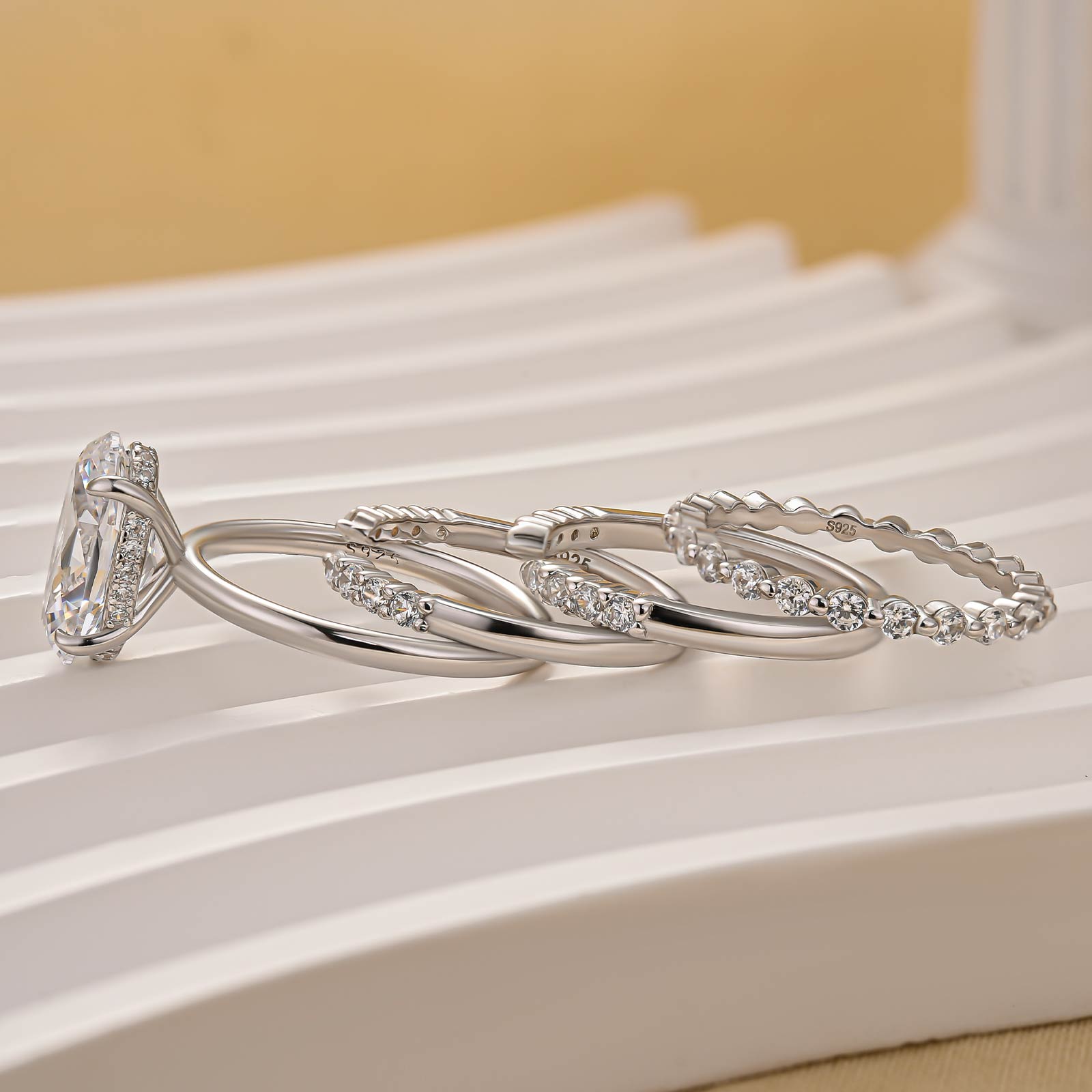 Louily 4PC Oval Cut Wedding Ring Set With Open Wedding Band
