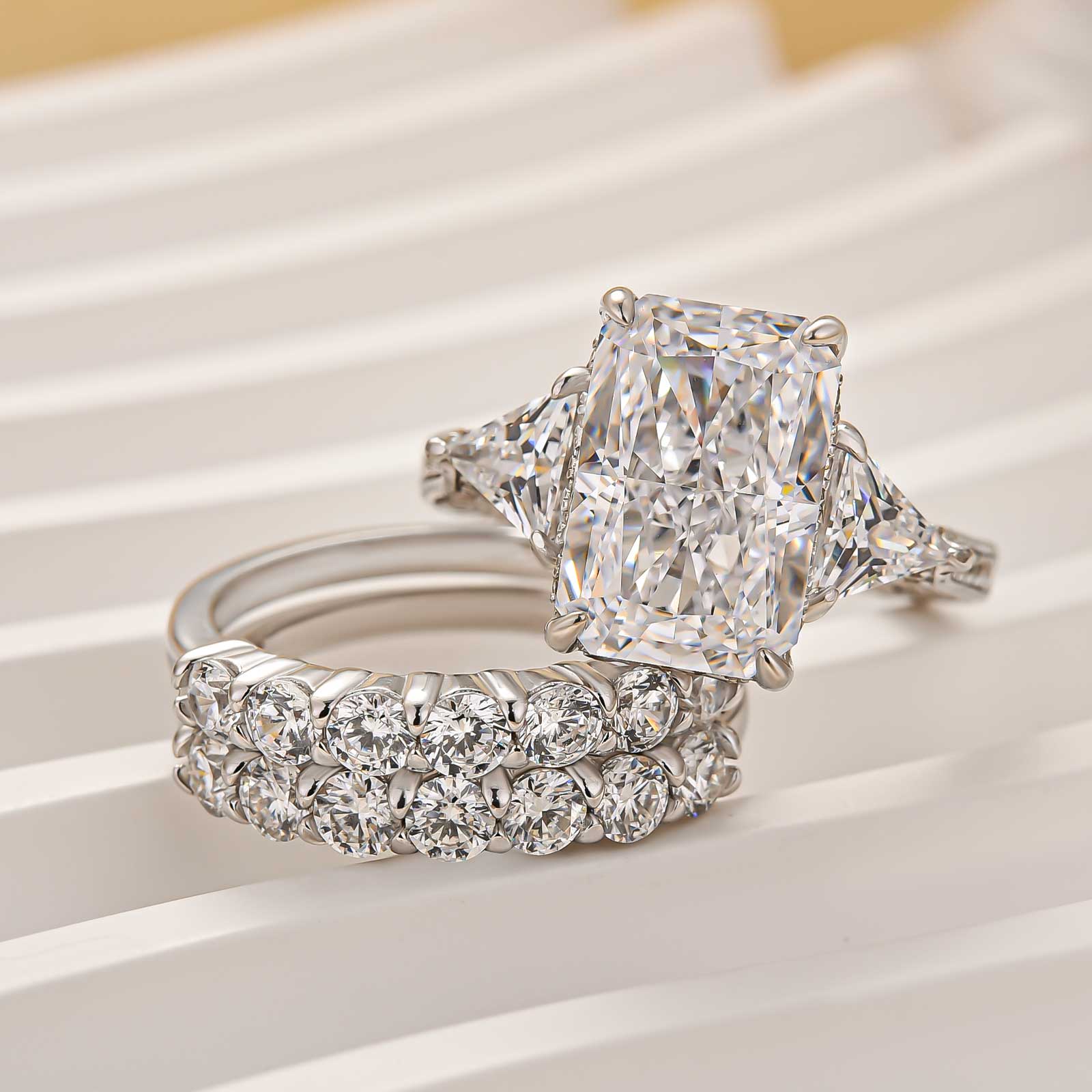 3PC Wedding Ring Set 5.0Ct Radiant Cut White Gold Side Stone Engagement Rings With 2PC Pavé Wedding Band