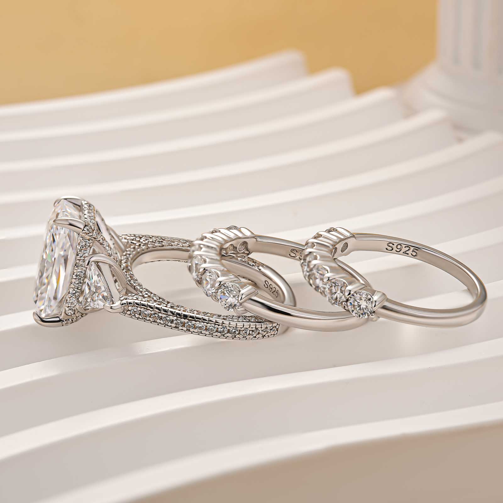 3PC Wedding Ring Set 5.0Ct Radiant Cut White Gold Side Stone Engagement Rings With 2PC Pavé Wedding Band