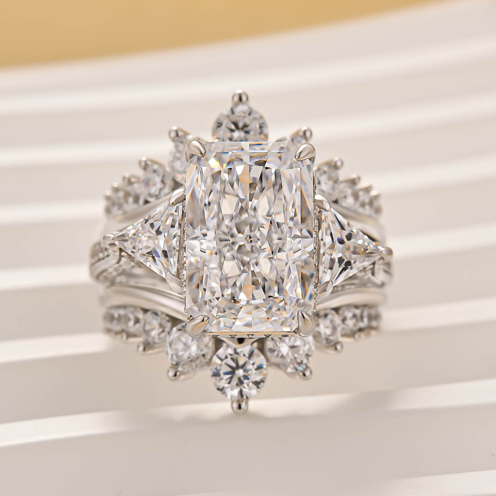 2PC Wedding Ring Set 5.0Ct Radiant Cut White Gold Side Stone Engagement Rings With Pavé Jacket Wedding Band