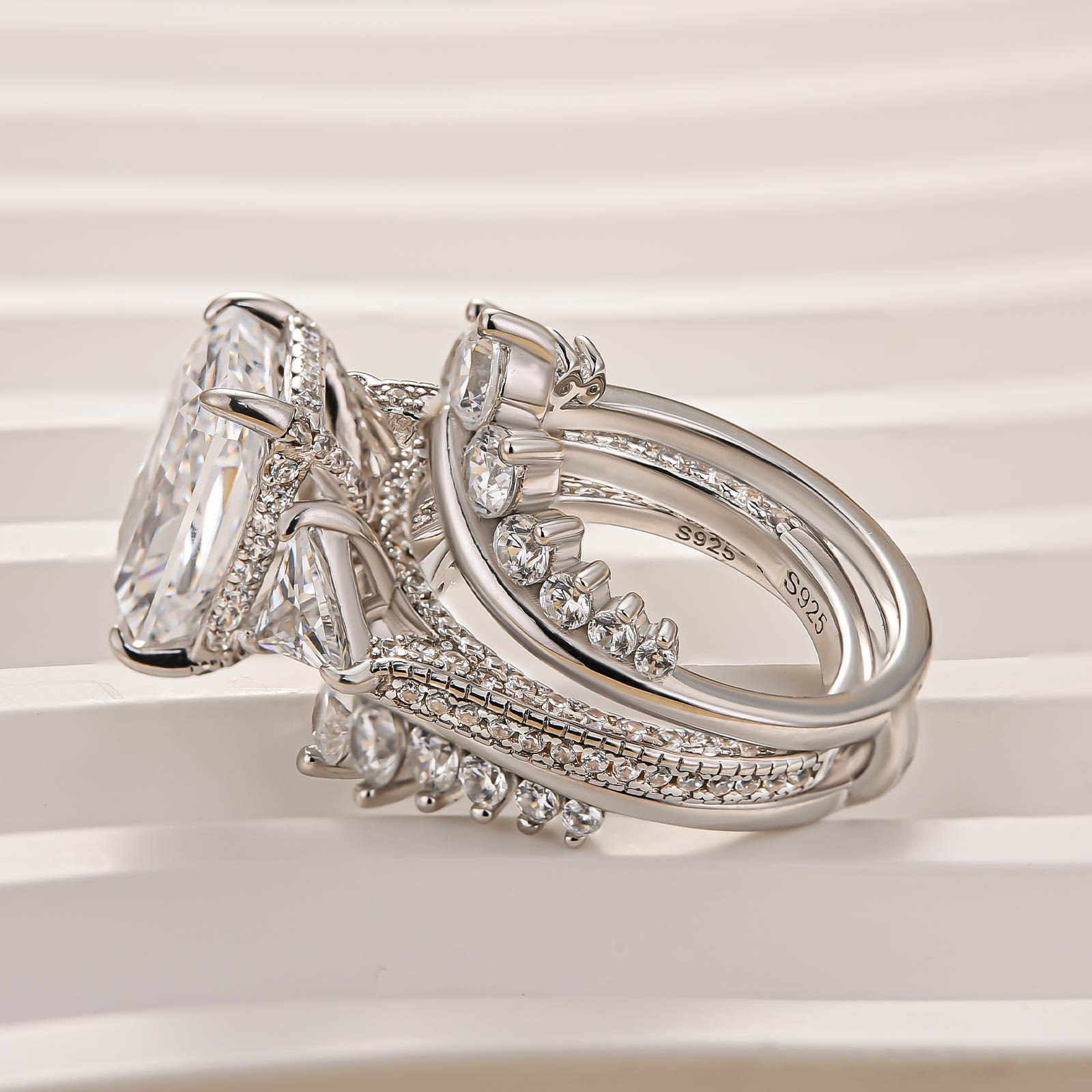 2PC Wedding Ring Set 5.0Ct Radiant Cut White Gold Side Stone Engagement Rings With Pavé Jacket Wedding Band