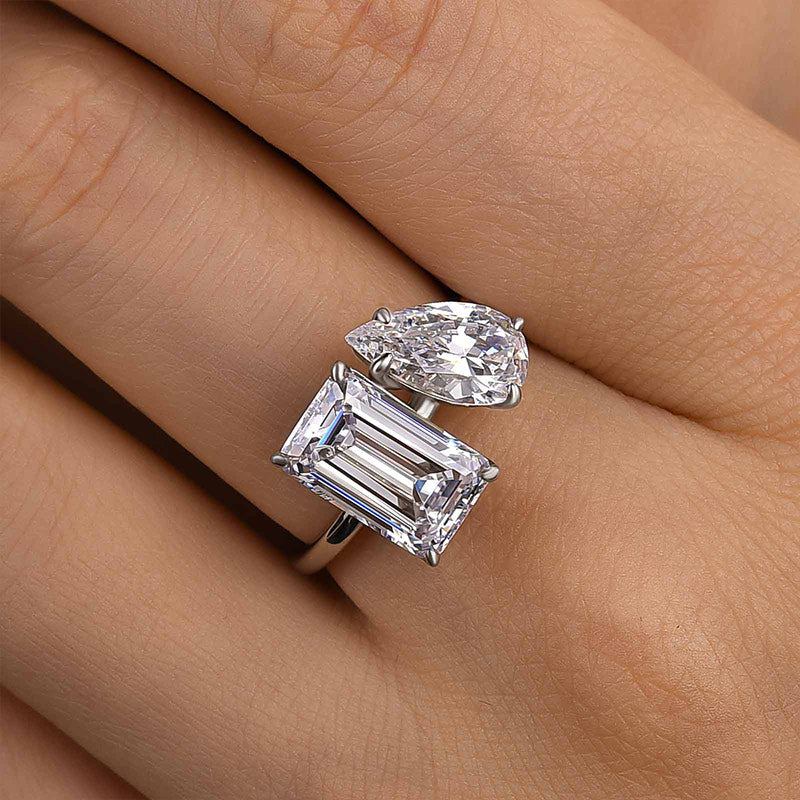 Louily Unique Double Stones Design Emerald Cut & Pear Cut Engagement Ring In Sterling Silver - louilyjewelry