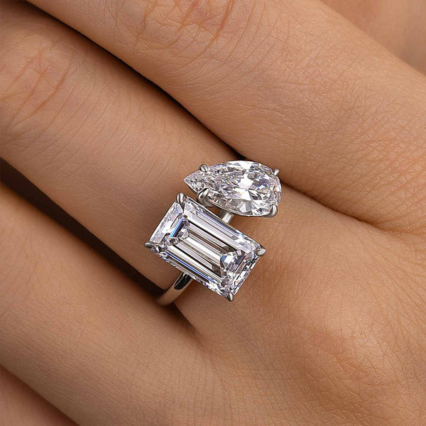 Louily Unique Double Stones Design Emerald Cut & Pear Cut Engagement Ring In Sterling Silver