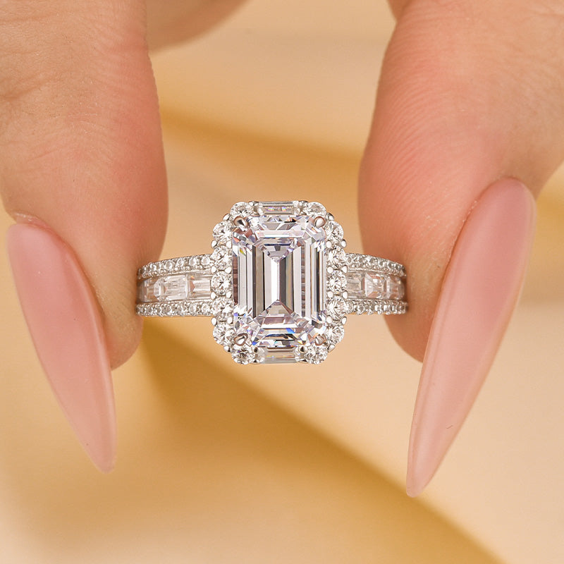 Luxurious Halo Emerald Cut Engagement Ring In Sterling Silver - louilyjewelry
