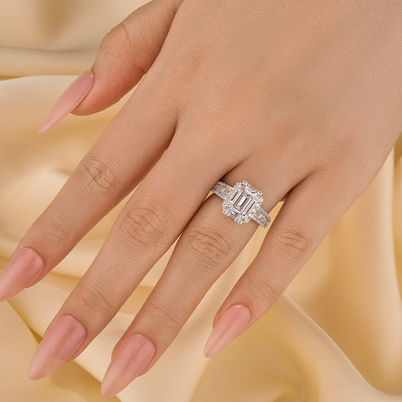 Luxurious Halo Emerald Cut Engagement Ring In Sterling Silver - louilyjewelry