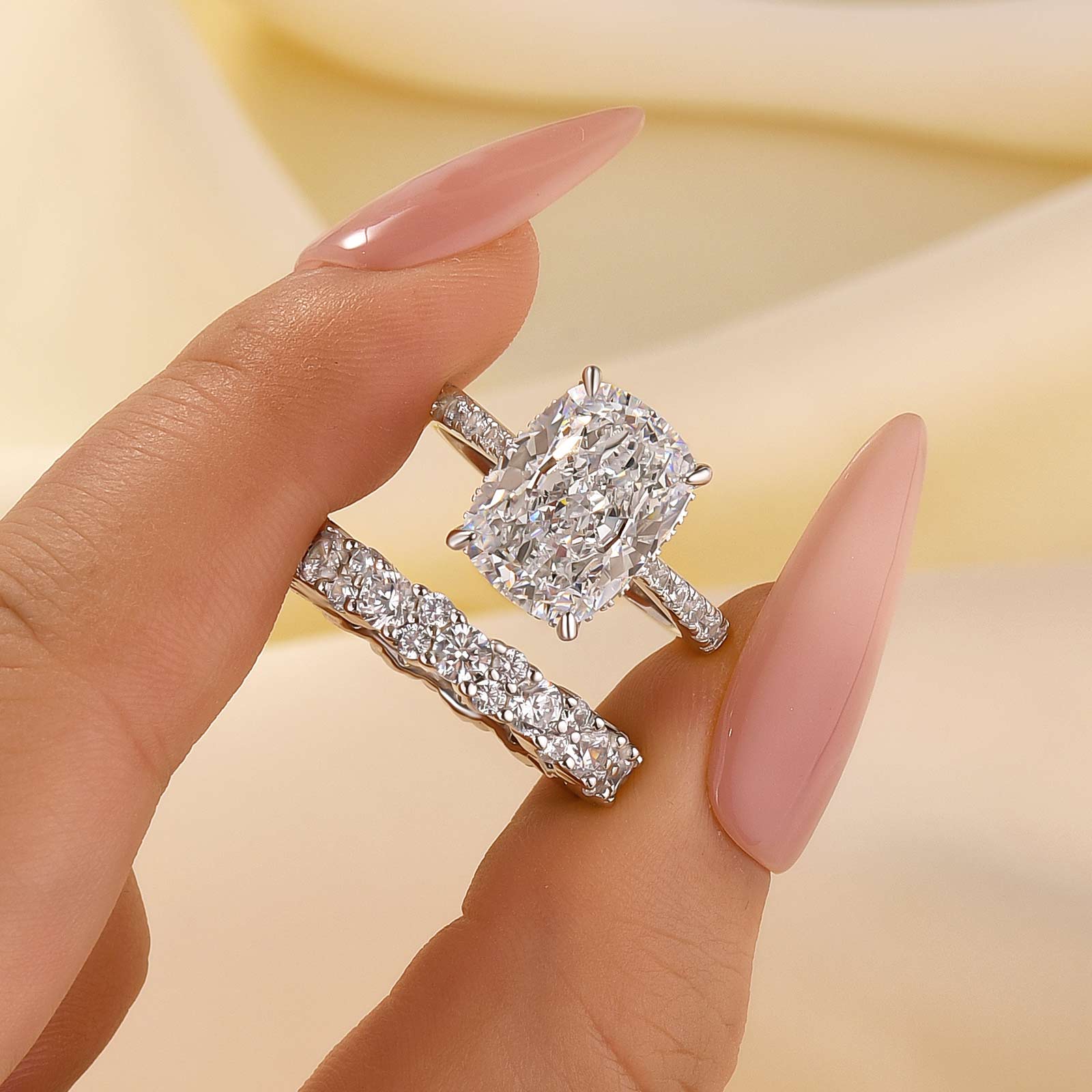 6.5Ct Cushion Cut Wedding Ring Set With Round Cut Full Wedding Band