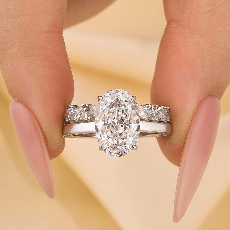 Louily Oval Cut Wedding Ring Set With Marquise Cut & Round Cut Wedding Band - louilyjewelry