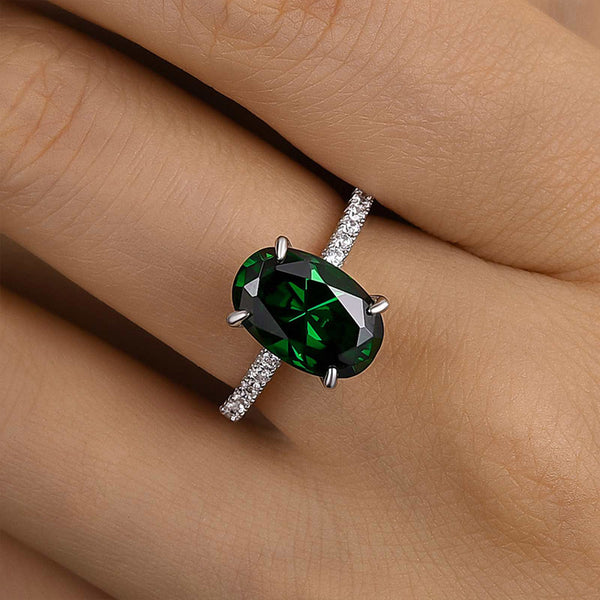 Louily Classic Oval Cut Emerald Green Simulated Diamond Engagement Ring In Sterling Silver