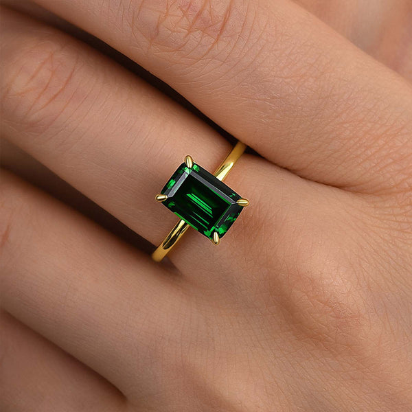 Louily Classic Yellow Gold Emerald Cut Engagement Ring In Sterling Silver