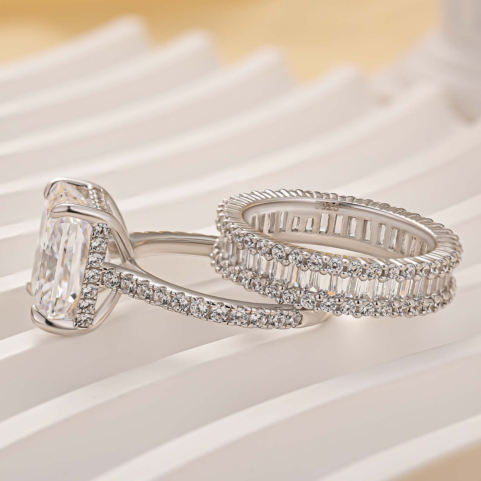 2PC Wedding Ring Set 5.0Ct Radiant Cut White Gold Pavé Engagement Rings With Emerald Cut Wedding Band