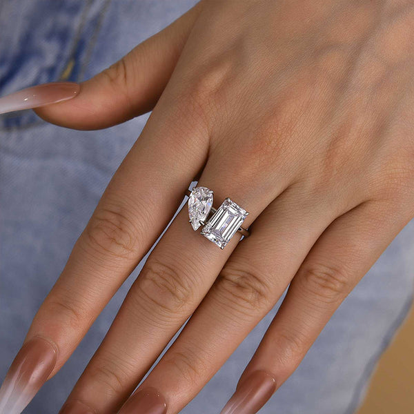 Louily Unique Double Stones Design Emerald Cut & Pear Cut Engagement Ring In Sterling Silver