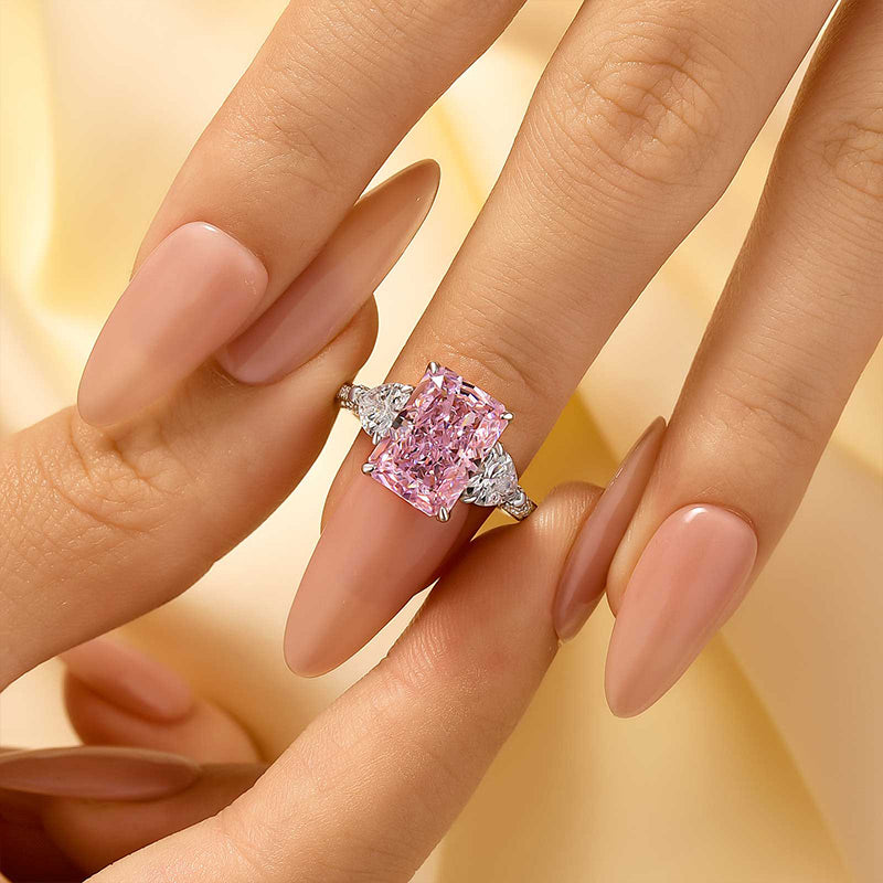 Louily Pink Stone Radiant Cut Three Stone Engagement Ring - louilyjewelry