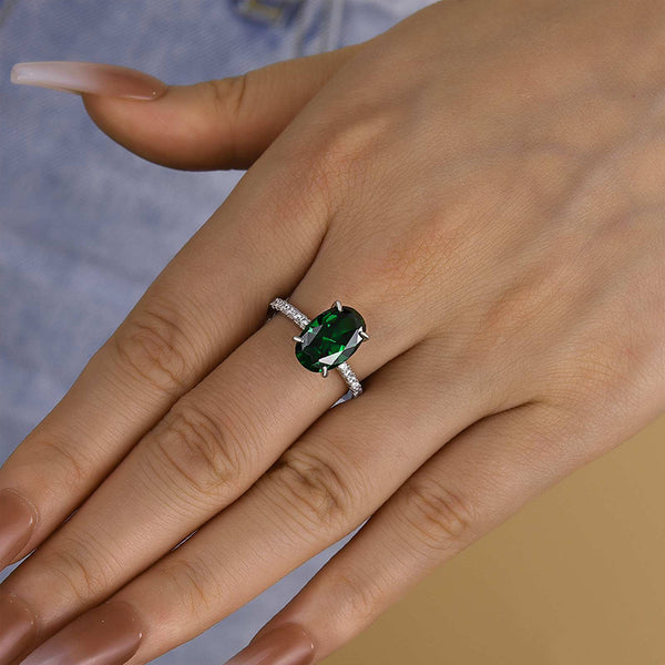 Louily Classic Oval Cut Emerald Green Simulated Diamond Engagement Ring In Sterling Silver