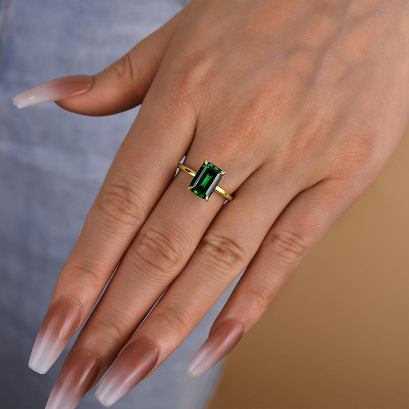 Louily Classic Yellow Gold Emerald Cut Engagement Ring In Sterling Silver - louilyjewelry