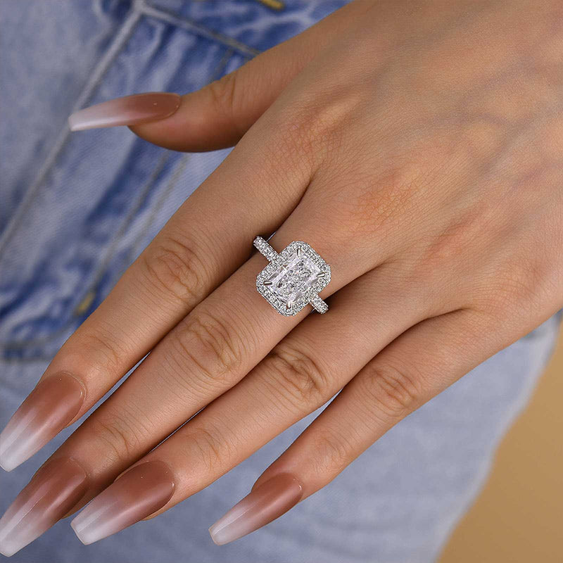 Louily Simulated Diamond Halo Radiant Cut Engagement Ring - louilyjewelry