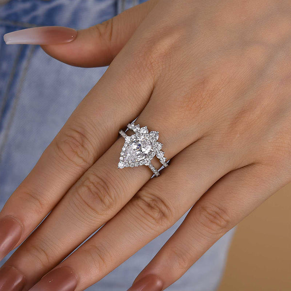 Louily Unique Halo Pear Cut Bridal Ring Set In Sterling Silver