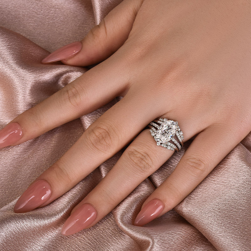 Moissanite 4.0 Ct Oval Cut Insert Wedding Ring Set With Jacket Stack Wedding Band - louilyjewelry