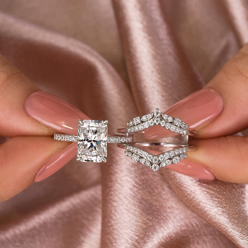 Moissanite 3.5 Ct Radiant Cut Insert Wedding Ring Set With Jacket Stack Wedding Band - louilyjewelry