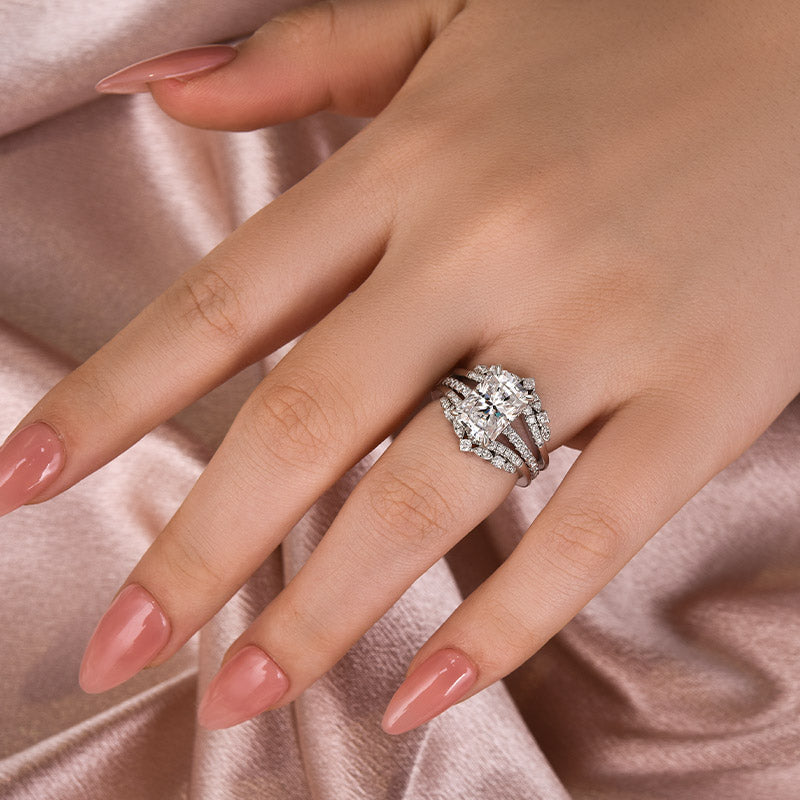 Moissanite 3.5 Ct Radiant Cut Insert Wedding Ring Set With Jacket Stack Wedding Band - louilyjewelry