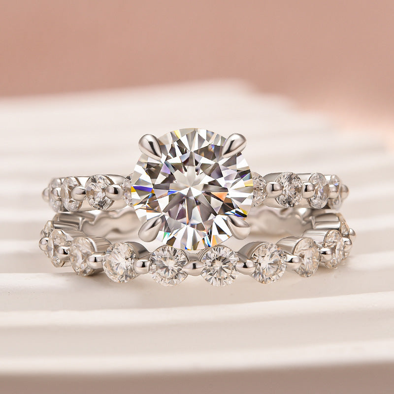 Moissanite 2.0 Carat Round Cut Wedding Ring Set With Eternity Wedding Band - louilyjewelry