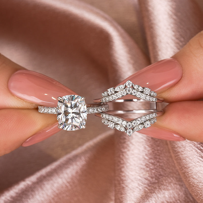 Moissanite 3.0 Ct Cushion Cut Insert Wedding Ring Set With Jacket Stack Wedding Band - louilyjewelry