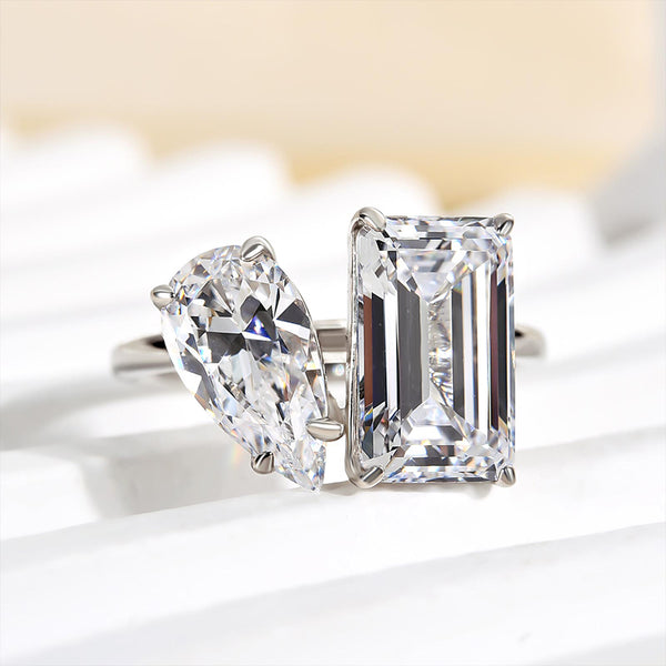 Louily Unique Double Stones Design Emerald Cut & Pear Cut Engagement Ring In Sterling Silver