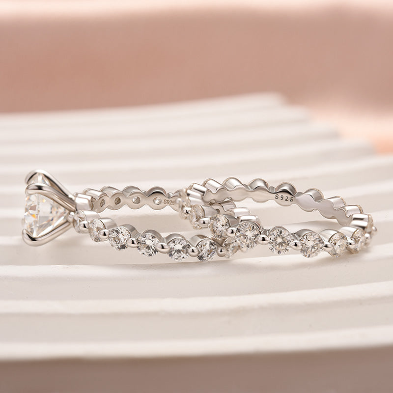 Moissanite 2.0 Carat Round Cut Wedding Ring Set With Eternity Wedding Band - louilyjewelry