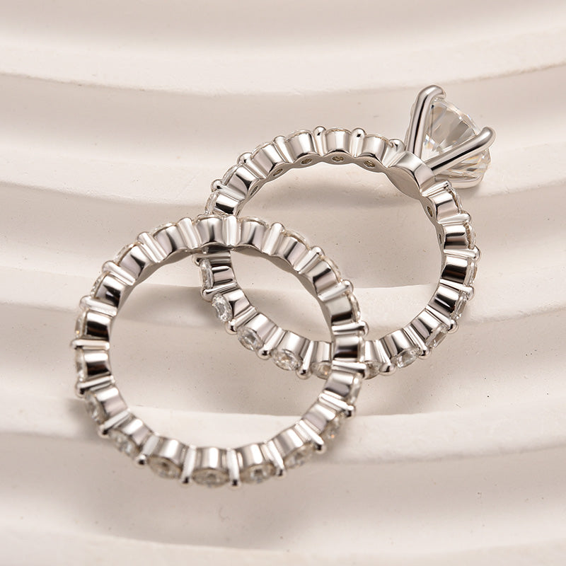 Moissanite 2.0 Carat Round Cut Wedding Ring Set With Eternity Wedding Band - louilyjewelry