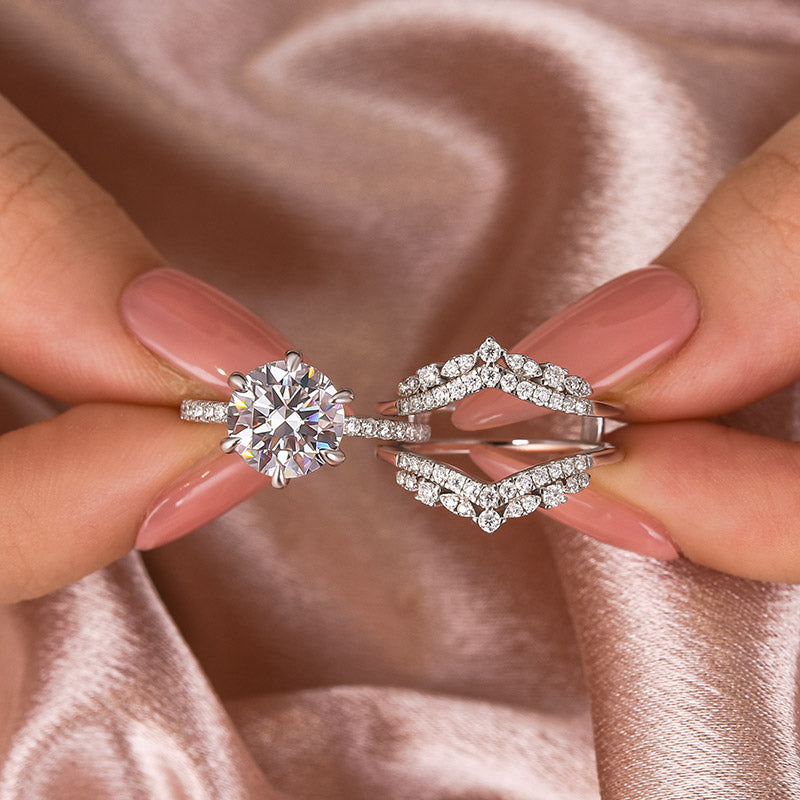Moissanite 3.0 Ct Round Cut Insert Wedding Ring Set With Jacket Stack Wedding Band - louilyjewelry