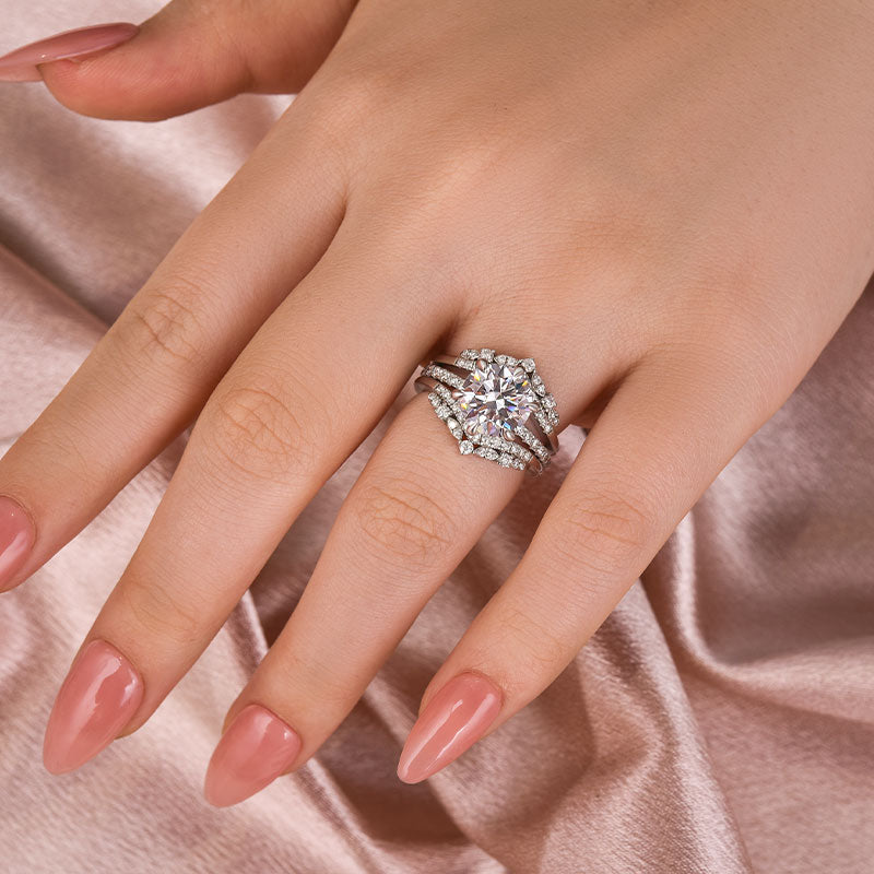 Moissanite 3.0 Ct Round Cut Insert Wedding Ring Set With Jacket Stack Wedding Band - louilyjewelry
