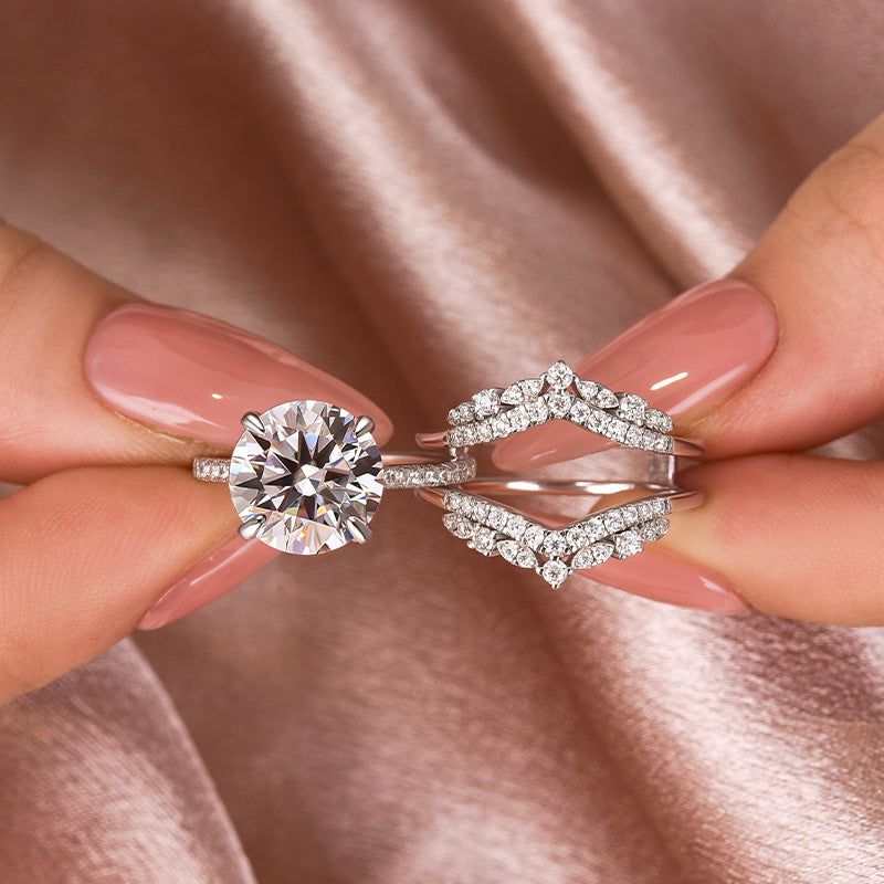 Moissanite 4.0 Ct Round Cut Insert Wedding Ring Set With Jacket Stack Wedding Band - louilyjewelry