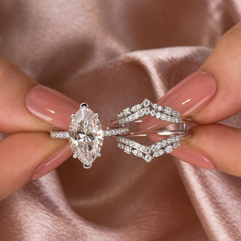 Moissanite 4.0 Ct Marquise Cut Insert Wedding Ring Set With Jacket Stack Wedding Band - louilyjewelry