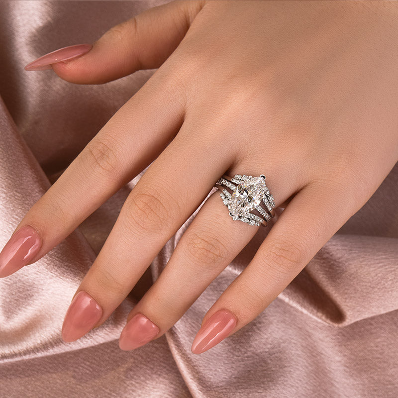 Moissanite 4.0 Ct Marquise Cut Insert Wedding Ring Set With Jacket Stack Wedding Band - louilyjewelry