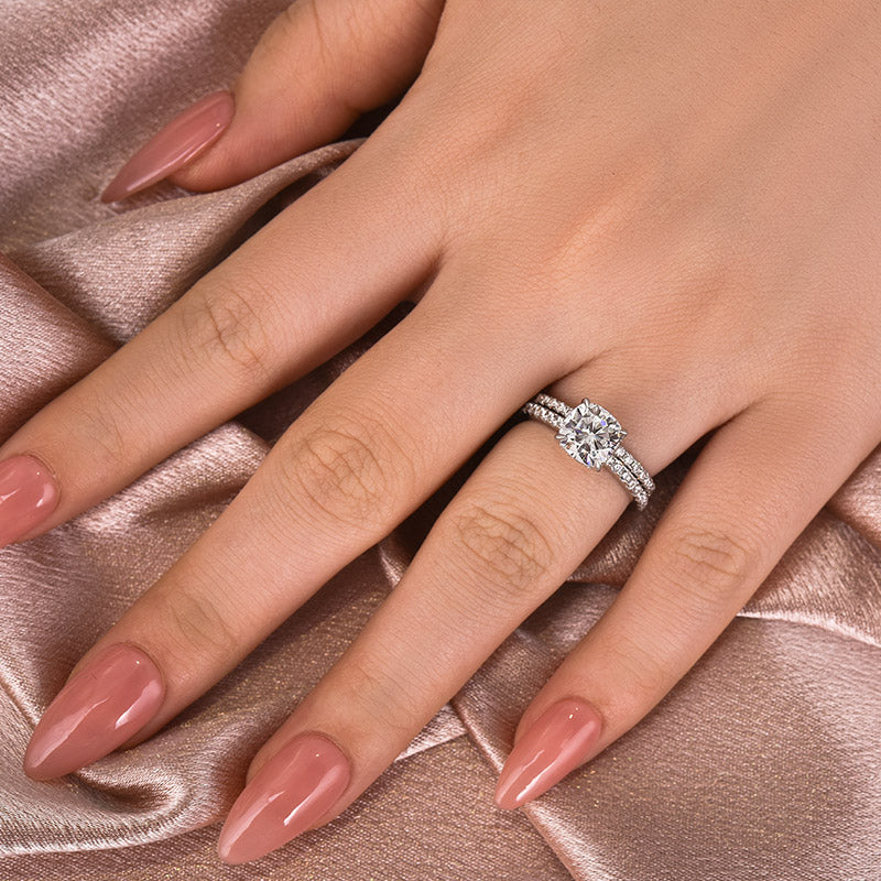 Moissanite 2.0 Ct Square Cushion Wedding Ring Set With Half Halo Wedding Band - louilyjewelry