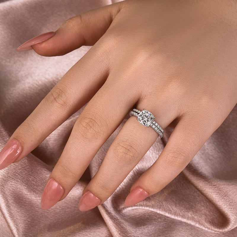 Moissanite 2.0 Ct Square Cushion Wedding Ring Set With Half Halo Wedding Band - louilyjewelry