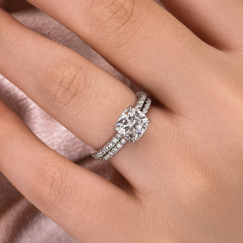 Moissanite 2.0 Ct Square Cushion Wedding Ring Set With Half Halo Wedding Band - louilyjewelry