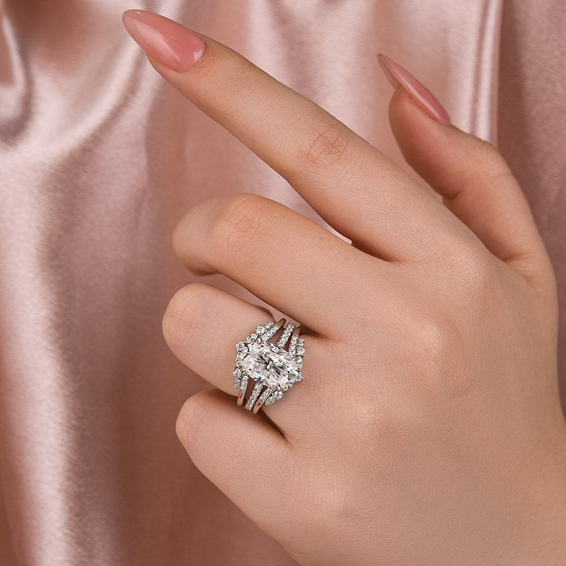 Moissanite 4.0 Ct Oval Cut Insert Wedding Ring Set With Jacket Stack Wedding Band - louilyjewelry