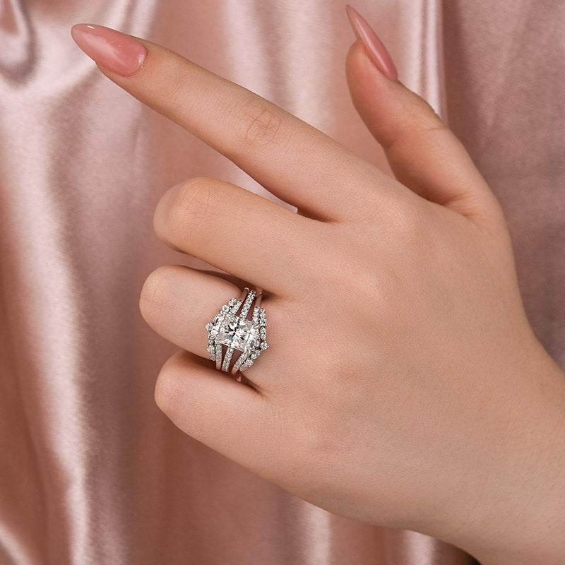 Moissanite 3.5 Ct Radiant Cut Insert Wedding Ring Set With Jacket Stack Wedding Band - louilyjewelry