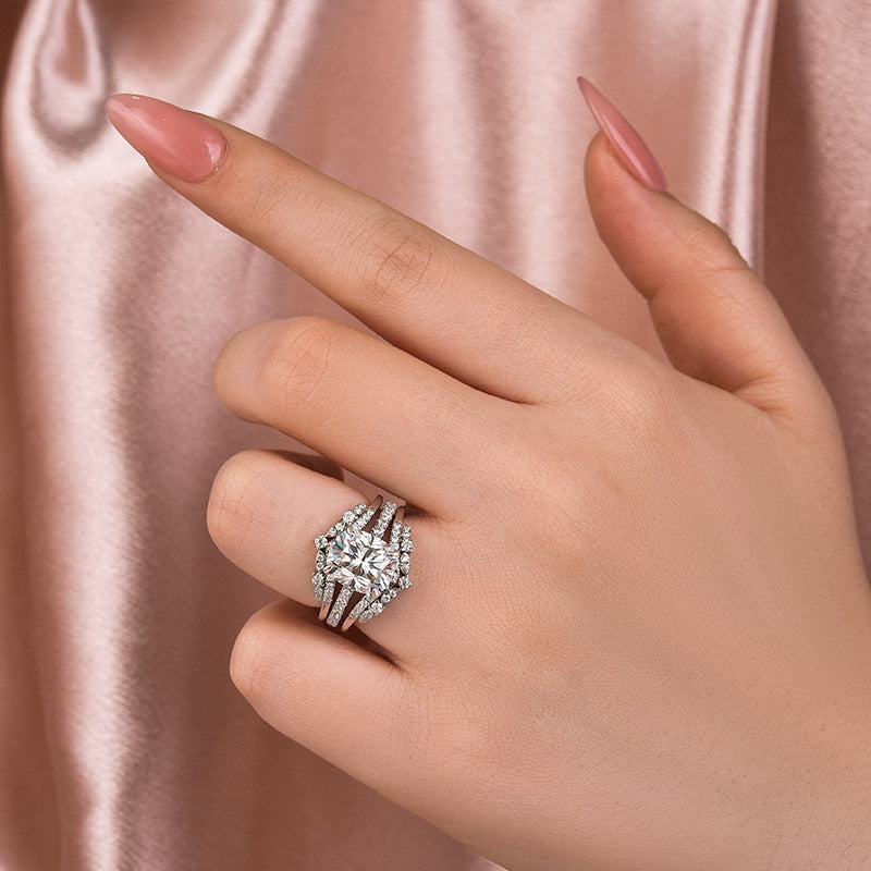 Moissanite 3.0 Ct Cushion Cut Insert Wedding Ring Set With Jacket Stack Wedding Band - louilyjewelry