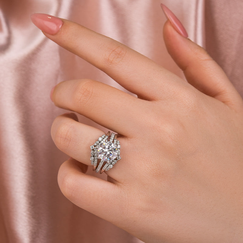 Moissanite 3.0 Ct Round Cut Insert Wedding Ring Set With Jacket Stack Wedding Band - louilyjewelry