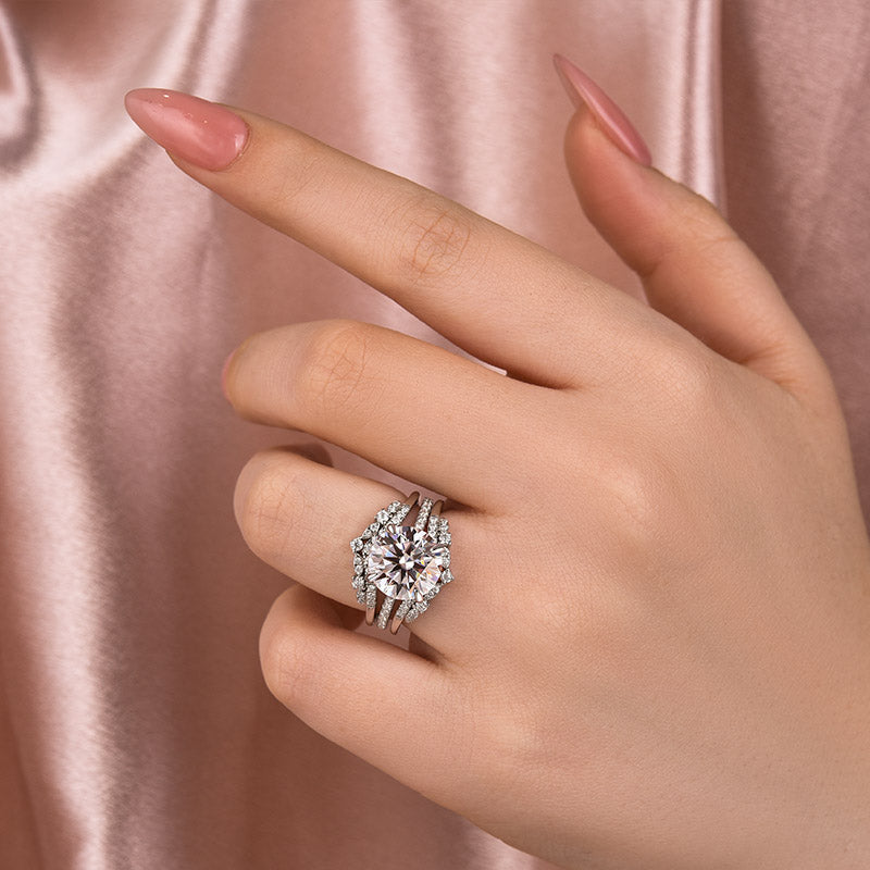 Moissanite 4.0 Ct Round Cut Insert Wedding Ring Set With Jacket Stack Wedding Band - louilyjewelry