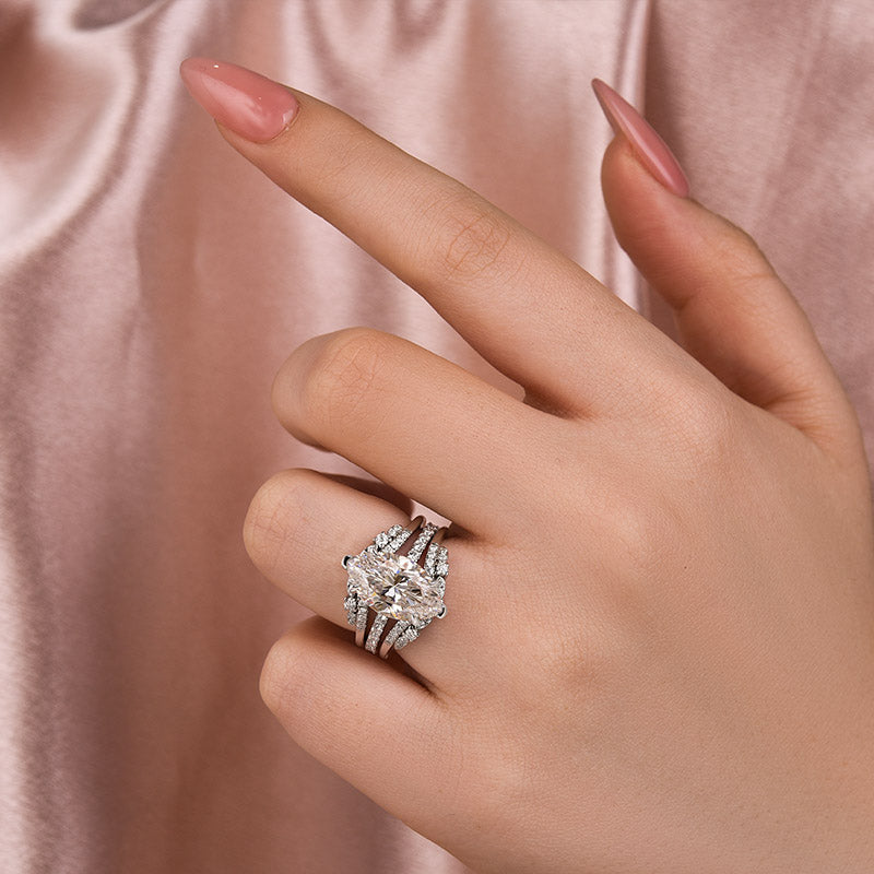 Moissanite 4.0 Ct Marquise Cut Insert Wedding Ring Set With Jacket Stack Wedding Band - louilyjewelry