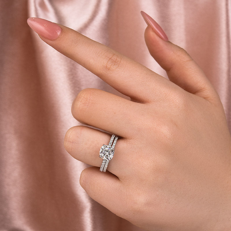 Moissanite 2.0 Ct Square Cushion Wedding Ring Set With Half Halo Wedding Band - louilyjewelry