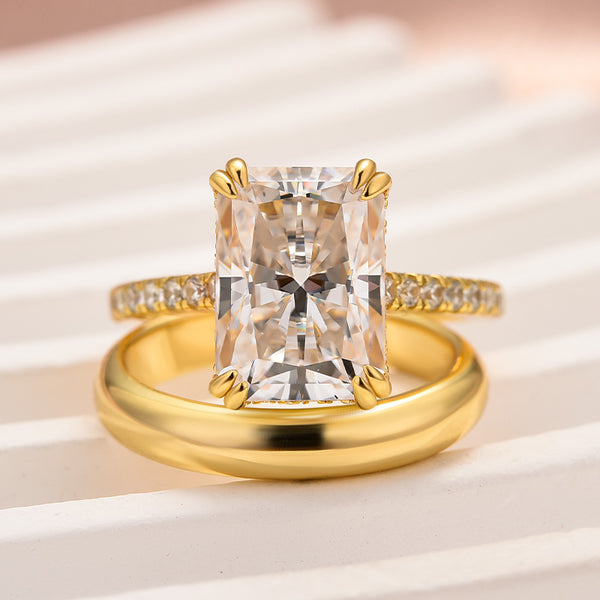 Louily Classic Moissanite 4.5 Ct Radiant Cut Yellow Gold Wedding Ring Set with Wide Band