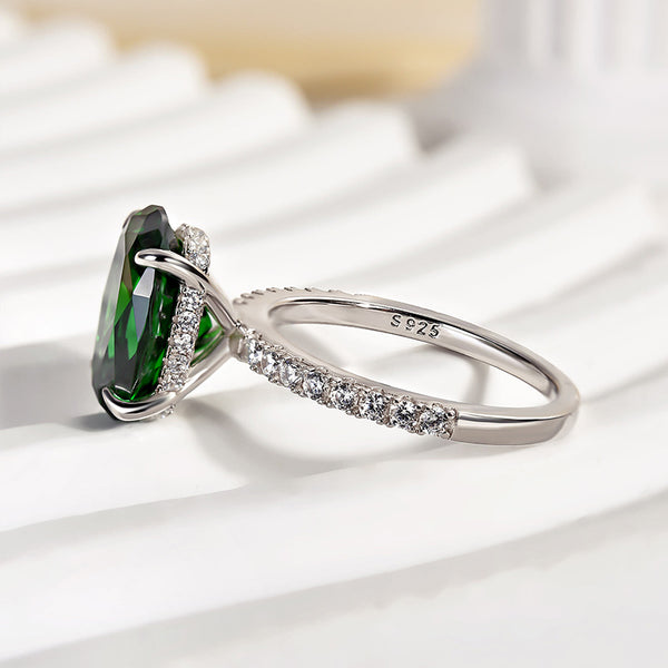 Louily Classic Oval Cut Emerald Green Simulated Diamond Engagement Ring In Sterling Silver