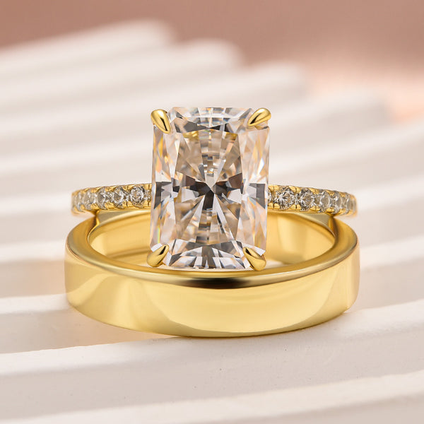 Louily Classic Moissanite 3.5 Ct Radiant Cut Yellow Gold Wedding Ring Set with Wide Wedding Band