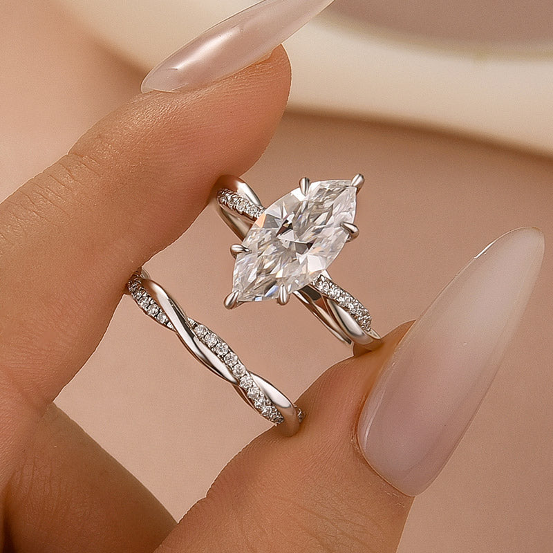 Moissanite 3.0Ct Twist Marquise Cut White Gold Wedding Ring Set
