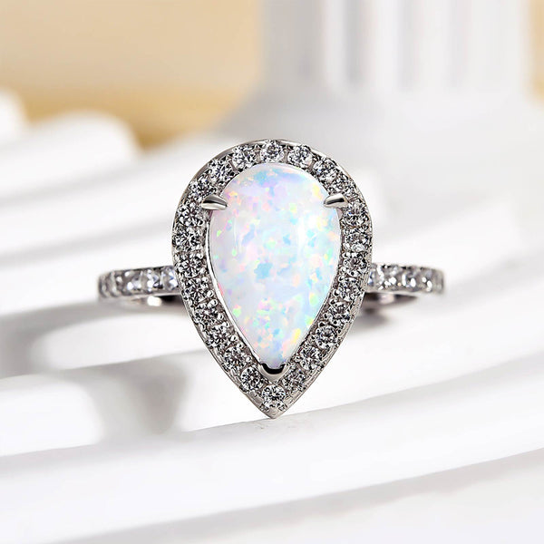 Louily Opal Stone Pear Cut Engagement Ring In Sterling Silver