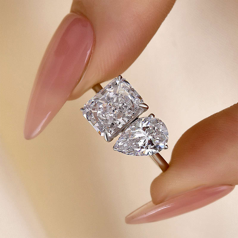 Louily Double Stones Radiant & Pear Cut Engagement Ring In Sterling Silver - louilyjewelry